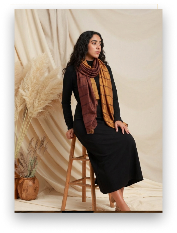 Woman wearing the Farka textile