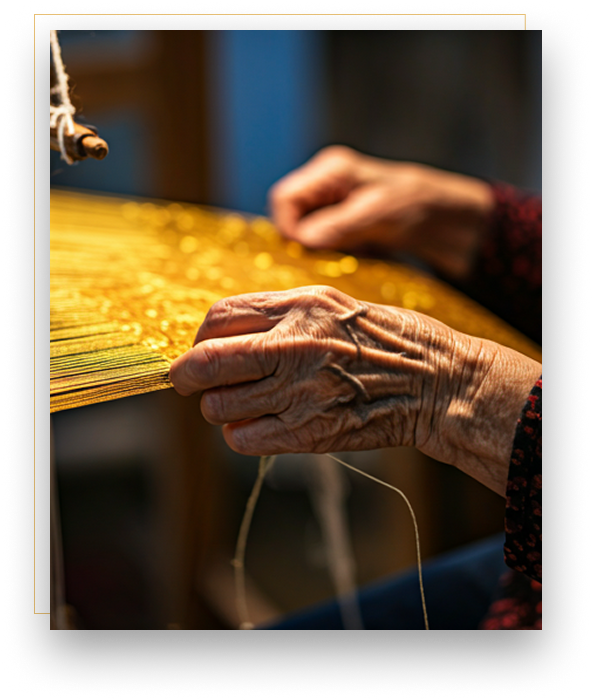 A master weaver's hands threading the loom